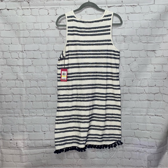 VINCE CAMUTO Women's Ivory/navy Fringe-striped Tassel-hem Sheath Dress SZ M. - Picture 5 of 11